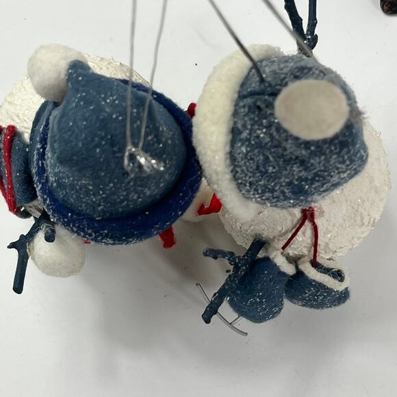 Rustic Christmas Snowman Ornaments Pair Blue White Tree Holiday Cabincore Skate - Picture 5 of 7